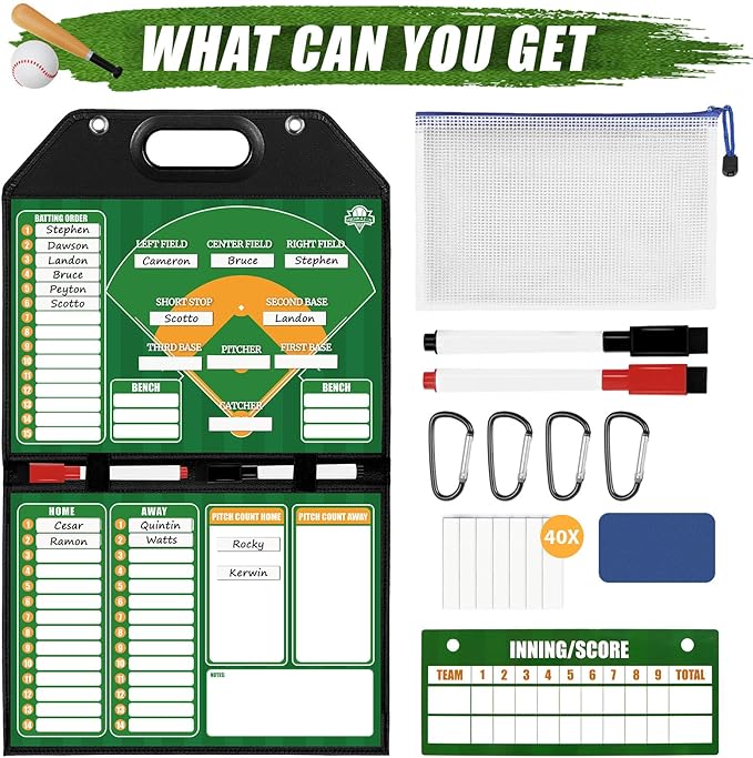 Magnetic Baseball Lineup Board for Dugout | Leather Cover, Foldable Coaching Board for Baseball & Softball with Carry Handle, Includes 40 Lineup Cards,Scoreboard, 2 Markers, Eraser, 4 Carabiners & Bag