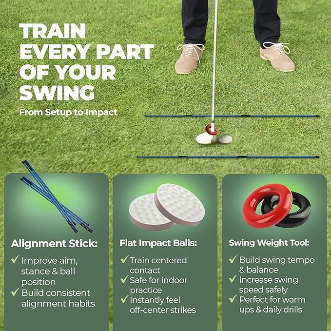 6-in-1 Golf Swing Trainer with Divot Board, Golf Grip Trainer, Alignment Sticks and Training Aid | Golf Accessories for Men & Women | Hitting Mat Practice Indoor & Outdoor