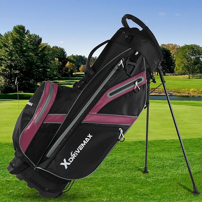 XDriveMax Golf Stand Bag with Accessory Pack, Lightweight 8-Way Top Dividers Golf Bag with Stand, Includes Insulated Cooler Pocket, Dual Strap & Rain Cover