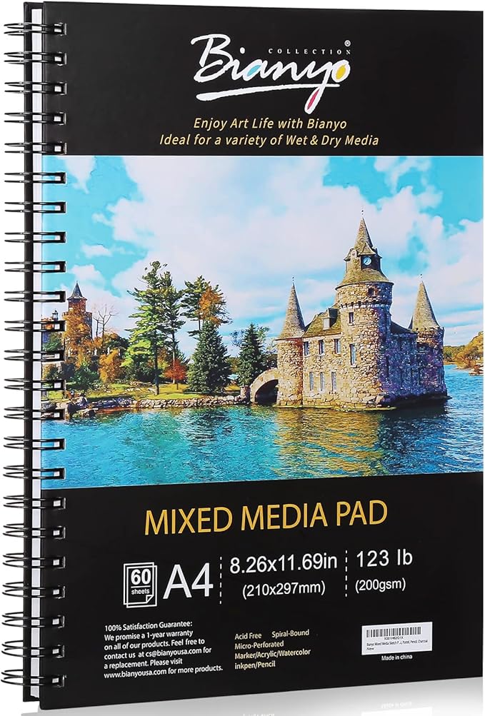 Bianyo Mixed Media Paper Pad, 60 Sheets/Each, 123 LB/200 GSM, Spiral-Bound Pad by Bianyo