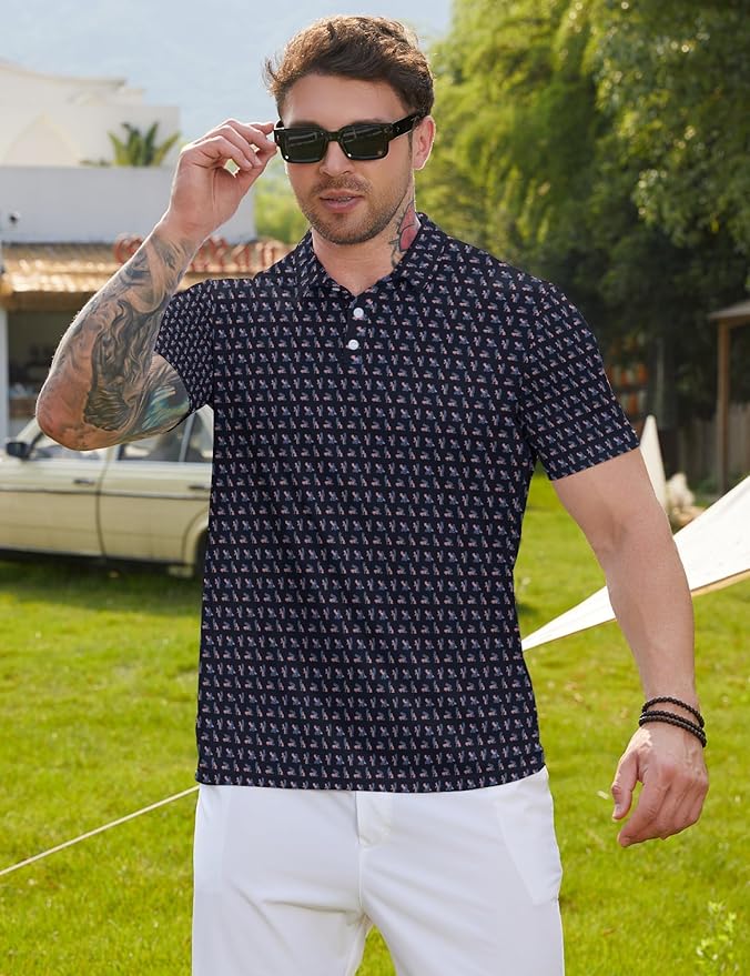 HUURAY Funny Golf Polos for Men Funny Print Short Sleeve Shirts Quick Dry Polo Shirts Hawaiian Shirt Performance Golf Outfits