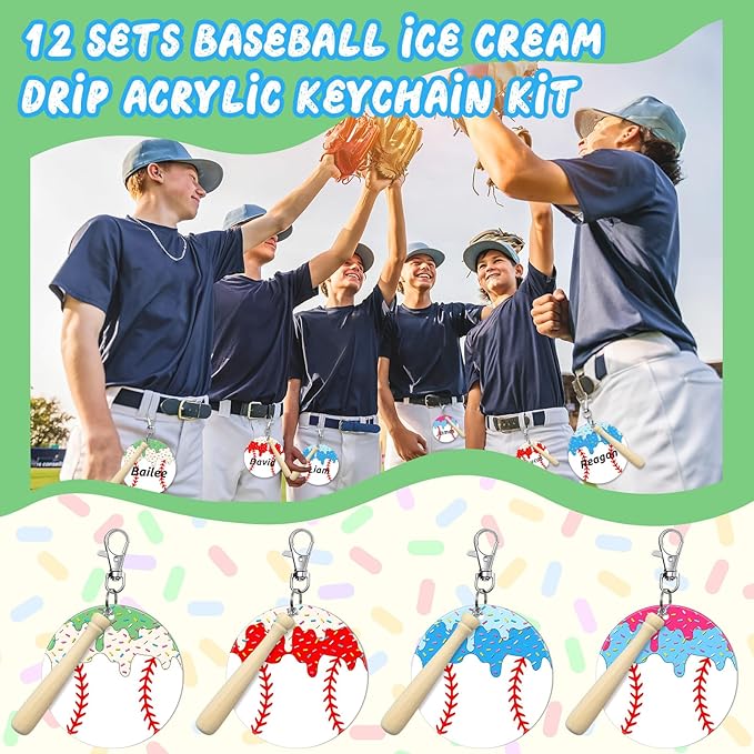Cunno 12 Sets Baseball Ice Cream Drip Acrylic Keychain Blank DIY Kit Bulk Baseball Ice Cream Theme 3 Inch Acrylic Keyring with Swivel Snap Hook Keychain for Team Gifts Sport Party Favors