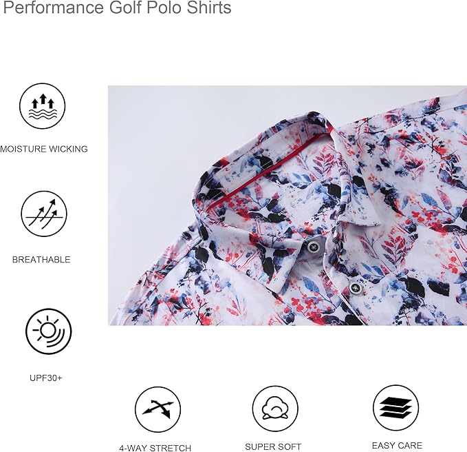 Alex Vando Mens Golf Shirt Moisture Wicking Quick-Dry Print Performance Polo Shirts for Men