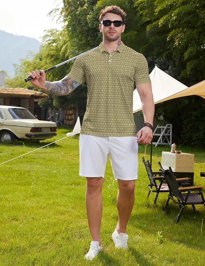 HUURAY Funny Golf Polos for Men Funny Print Short Sleeve Shirts Quick Dry Polo Shirts Hawaiian Shirt Performance Golf Outfits