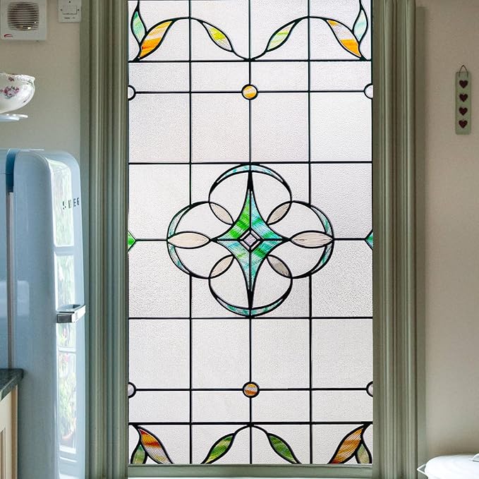 3D Stained Glass Window Privacy Film, Heat Control UV Blocking Static Cling by OHTMERU