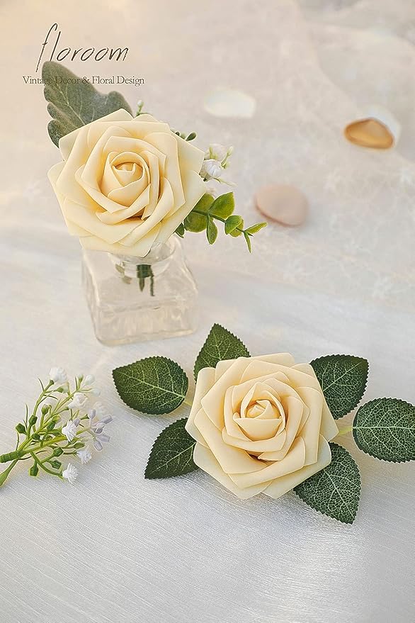 Floroom Artificial Flowers 25pcs Real Looking Creamy Yellow Foam Fake Roses - Image 5