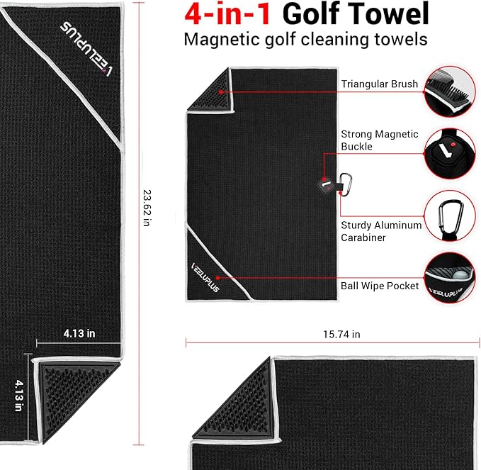 4-in-1 Magnetic Golf Towel with Brush & Cleaning Pocket - Premium Construction Golf Towel- Super Strong Golf Club Cleaner- Microfiber Waffle Design-15.7" X 23.6" Golf Accessories and Gifts for Men