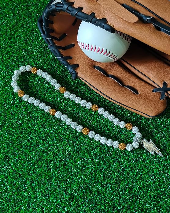 Baseball Necklace for Men 16/18/20 Inch Bling Ice Collection Lightning Bolt Pendant Necklace for Women Rhinestone Clay Beaded Discoball Accessories Gifts for Baseball Team Players Lovers