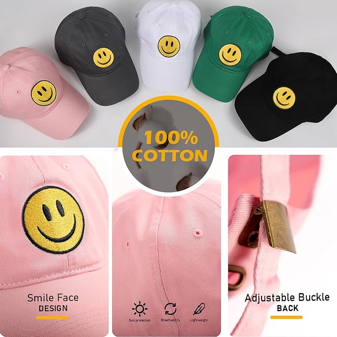 Smile Face Baseball Cap for Women Men Cute Baseball Caps Unstructured Cotton Dad Hat