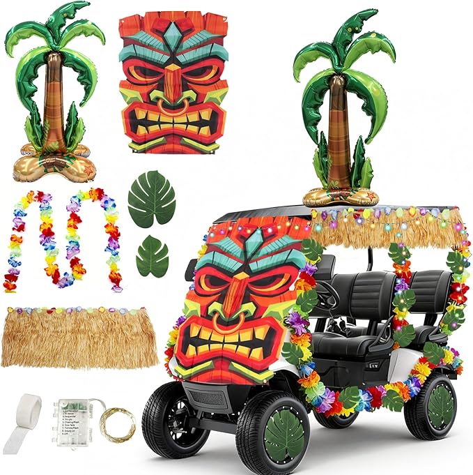 31 Pcs Luau Tropical Golf Cart Parade Decorations, Summer Tropical Golf Cart Decor with Tiki Fabric Backdrop,Hawaiian Grass Table Skirt, Hawaiian Wreath, 9.8FT LED Lights & Leaves
