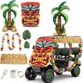 31 Pcs Luau Tropical Golf Cart Parade Decorations, Summer Tropical Golf Cart Decor with Tiki Fabric Backdrop,Hawaiian Grass Table Skirt, Hawaiian Wreath, 9.8FT LED Lights & Leaves
