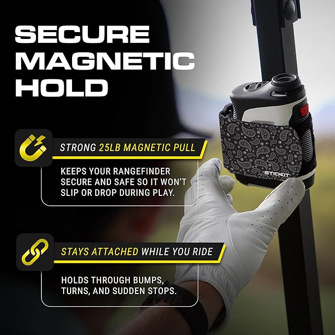 STICKIT Magnetic Rangefinder Strap | Strong Magnet Securely Holds to Golf Carts and Golf Clubs for Easy Access | Slim, Form Fitting, Size Adjustable
