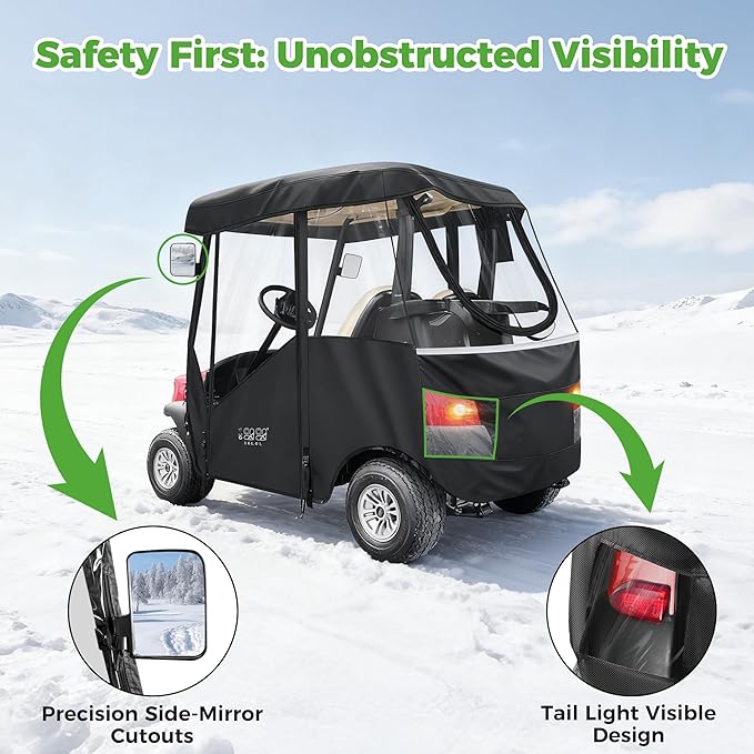 10L0L 2/4/8 Passenger Golf Cart Enclosure for Club Car Precedent/Tempo/Onward, 600D Waterproof Golf Cart Rain Cover, Driving Enclosure with 4-Sided Clear Windows Roll-up Door Black -Roof 58"-141"