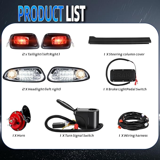 Golf Cart Light Kit for EZGO RXV Gas & Electric 2008-2015, 12V Street Legal Full Headlight Tail Light Kit with Turn Signal Switch, Horn Button, Hazard Flasher and Brake Pad