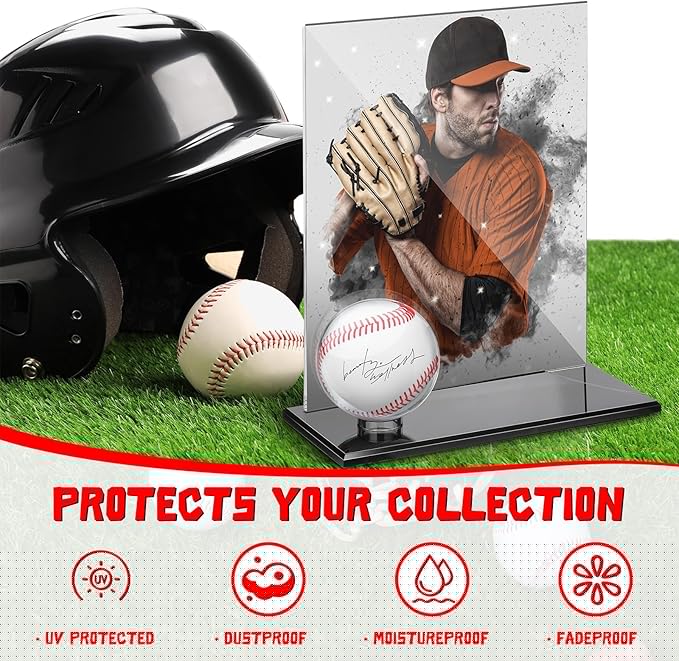 DoubleFill Acrylic Baseball Display Case for Ball and Cards Clear Base Ball Holder Ring Stand Set Centerpieces Protector Memorabilia Showcase for Official Size Baseball(Large)