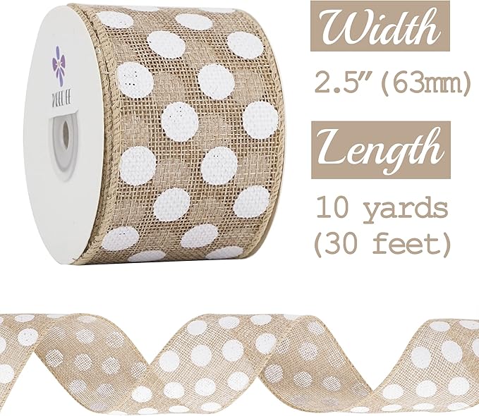 MEEDEE Burlap Ribbon with White Polka Dots - Image 2