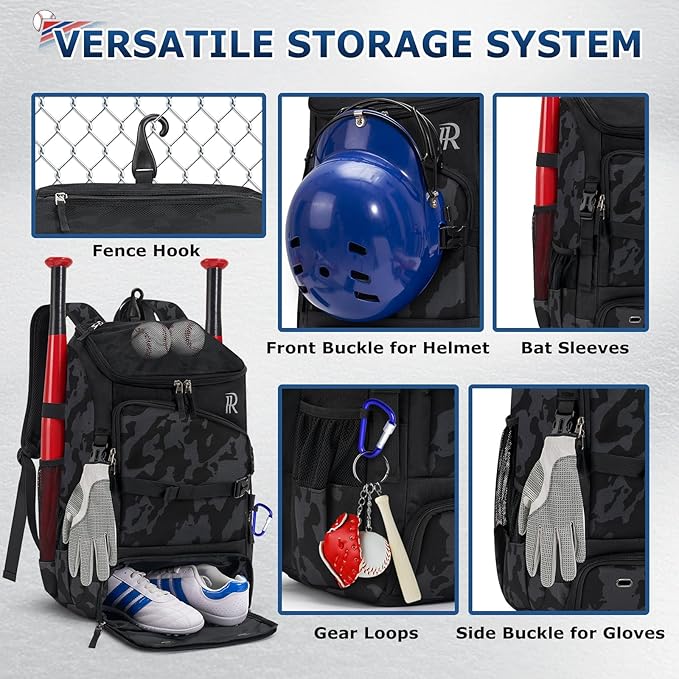 RAINSMORE Baseball Bag for Youth & Adult 40L Large Softball Bag Lightweight Baseball Backpack with Helmet Holder, Shoe Compartment, Fence Hook Waterproof Bat Bag for Baseball Softball Tball Equipment