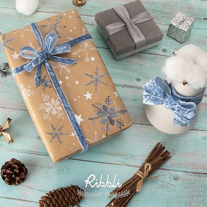 Ribbli Dusty Blue Velvet Ribbon 1 Inches Luxury Crinkled Blue Christmas Ribbon - Image 3