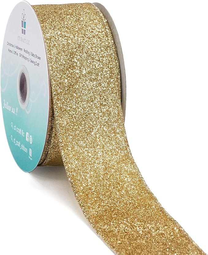 CT CRAFT LLC Glitter Wired Ribbon 1.5" x 10 Yards Light Gold by CTCRAFTLLC