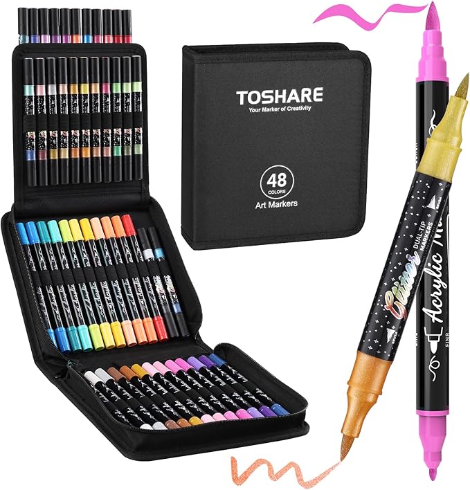TOSAHRE 72 Colors Dual Tip Glitter Markers & Acrylic Marker Set Paint Pens 24 by TOSHARE