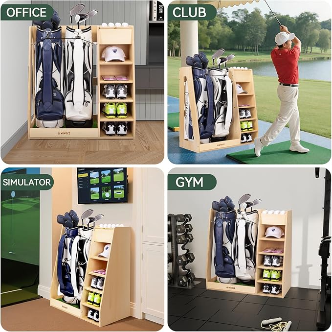 WINGYZ Premium Birch Plywood Golf Bag Storage for 2 Bags | 36lb Rock-Solid Golf Bag Organizer | 7-Shelf Command Center | Artificial Turf 12-Ball Display | No Wall Mounting Required (Natural)
