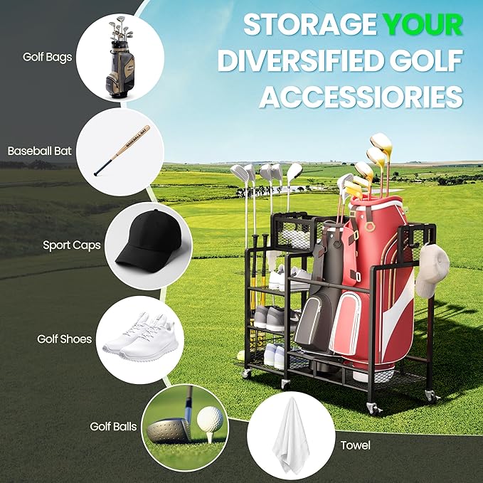 Recaceik Golf Storage Garage Organizer Large Size,Golf Bag Storage Stand and Other Golfing Accessories Rack, Metal with Wheels Golf Club Storage for Garage Shed and Basement (Black)