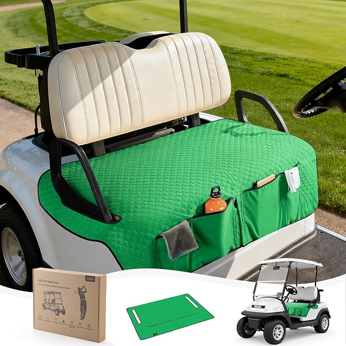 Golf Cart Seat Covers,Golf Cart Seat Towel Blanket with 4 Front Pockets & Nonskid Bottom Fits for EZGO TXT, RXV and More 2 Person Seats Golf Carts (Christmas Green, Ezgo TXT, RXV)