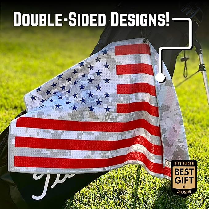 Pin Hunters American Flag Microfiber Golf Towel | Premium Waffle Towel with Clip | Large 31"×15.5" Towel for Golf Bags | Accessories for Men | Fun Gift for Husband | USA Pride