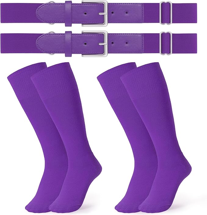 JASGOOD 2 Pack Baseball Socks and Belt Combo Set Softball Socks and Belts Elastic Waist Belt for Youth and Adult Boys