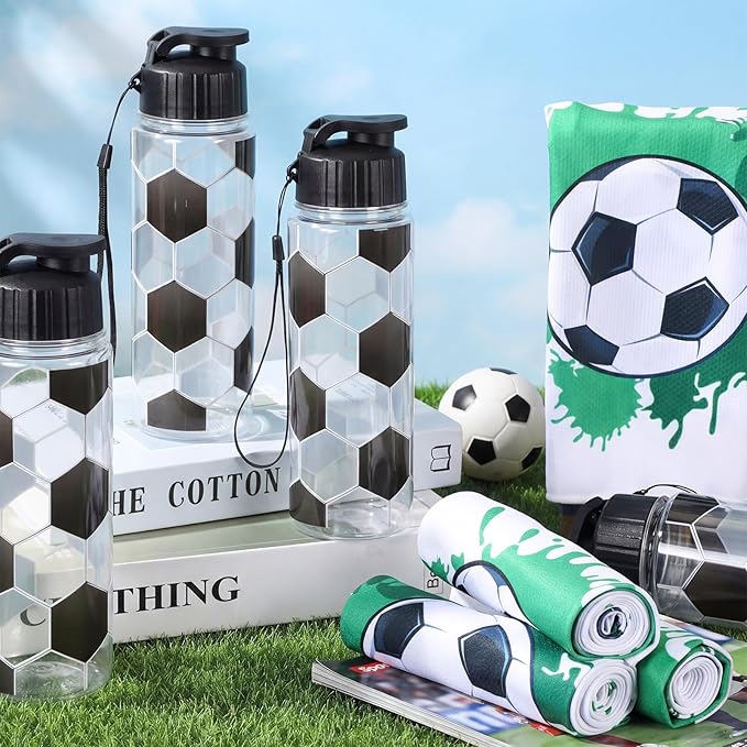 Reallnaive 24 Pcs Sports Water Bottle Cooling Towel Set Include 12 Reusable Sports Squeeze Water Bottle 12 Ice Towel Breathable 40"x12" Cooling Towels for Soccer Team Gift (Soccer)