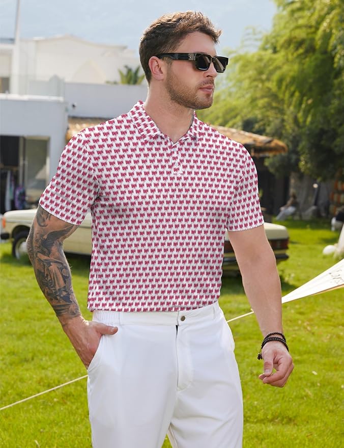 HUURAY Funny Golf Polos for Men Funny Print Short Sleeve Shirts Quick Dry Polo Shirts Hawaiian Shirt Performance Golf Outfits