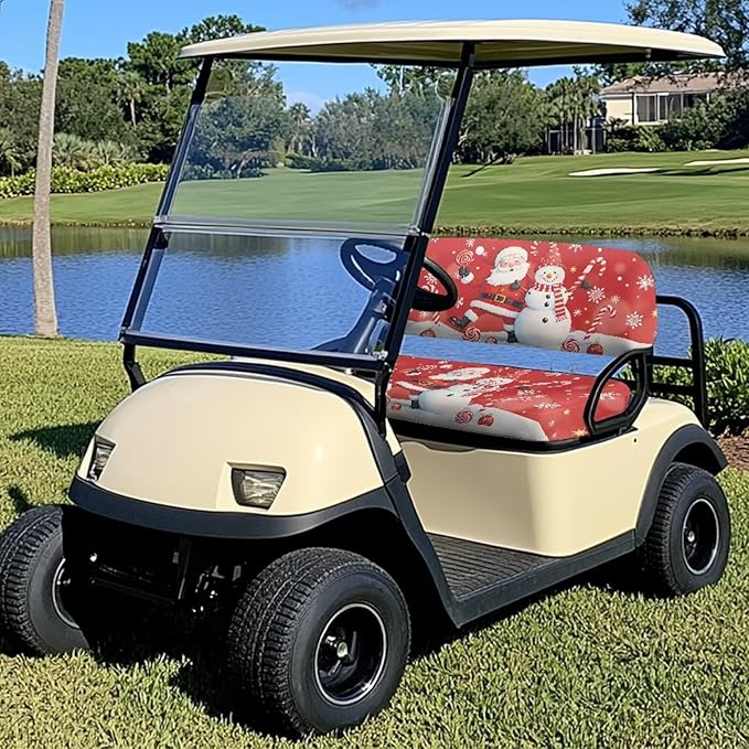 Bulopur Christmas Golf Cart Front Seat Covers Ezgo TXT Club Car Santa Claus Snowman Golf Cart Towel Seat Covers 2 Pack Red Christmas Golfcart Decorations Kit Universal Fit and Easy to Install