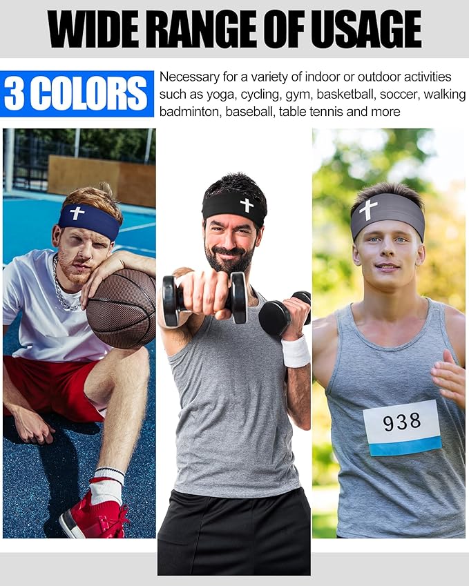 Shihanee 3 Pcs Christian Headbands for Men Jesus Cross Athletic Sweat Bands Christian Workout Accessories Moisture Wicking Sports Hairbands for Football Baseball Basketball Running Training