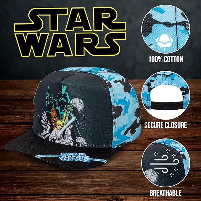 Star Wars Classic Embroidered Logo Flatbrim Baseball Cap Hat, Boys Youth