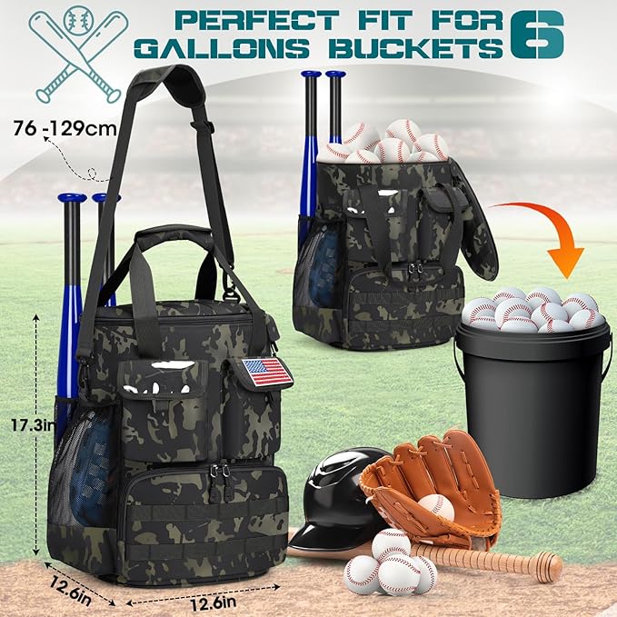 RAINSMORE Baseball Bucket Bag Baseball Coaches Accessories Organizer with Insulation Pocket Tactical Softball Bag with Anti-Slip Bottom, Multiple Pockets for Bat, Gloves, Scoreboards