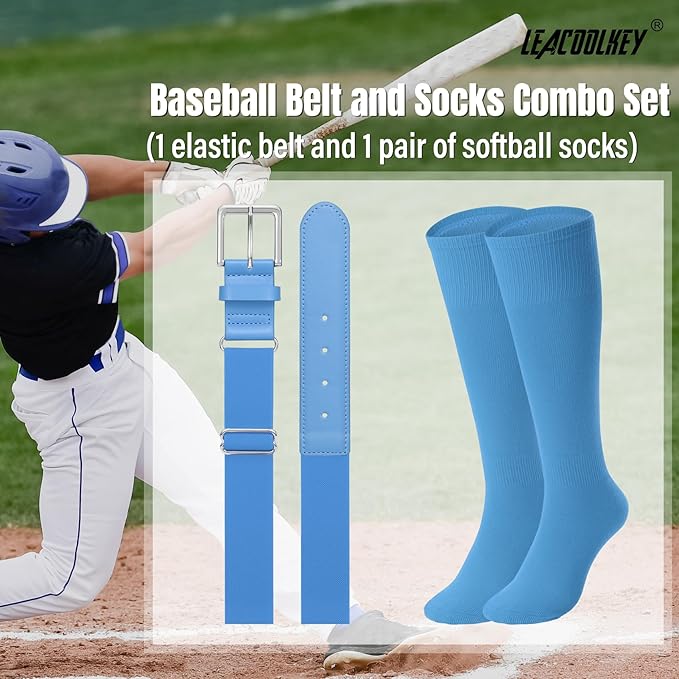 LEACOOLKEY Baseball Belt and Socks Combo Set Adjustable Softball Socks and Elastic Belt for Youth and Adult