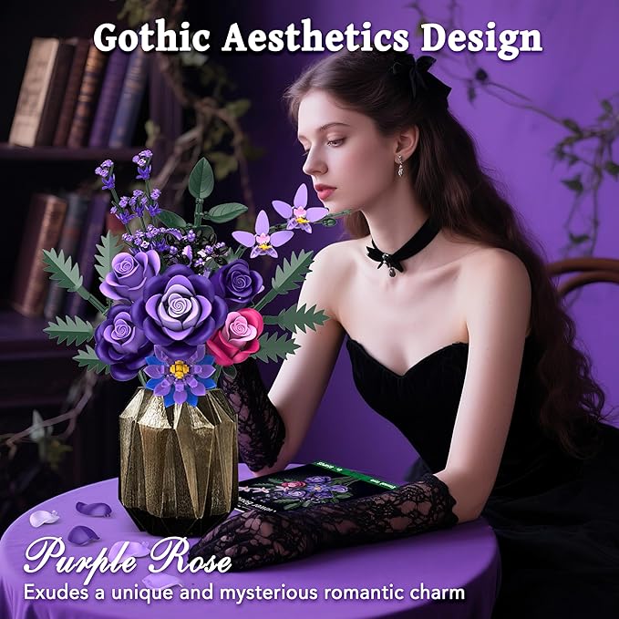 Purple Roses Flower Bouquet Building Sets, Gifts - Image 2