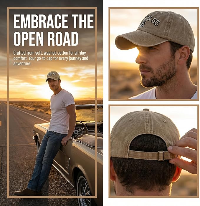 Vintage Washed Cotton Baseball Caps for Women Men Classic Route 66 Embroidered Sun Protection