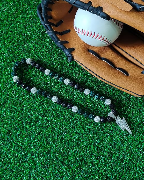Baseball Necklace for Men 16/18/20 Inch Bling Ice Collection Lightning Bolt Pendant Necklace for Women Rhinestone Clay Beaded Discoball Accessories Gifts for Baseball Team Players Lovers