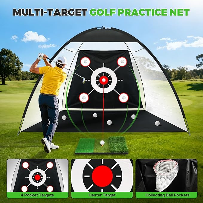 Golf Net 10x7FT All-in-One with Tri-Turf Practice Mat, Ball, Target & Carry Bag, Backyard & Indoor Outdoor Golf Hitting Net for Driving, Chipping, Swing Training, Golf Gift for Men, Dad, Him, Golfer