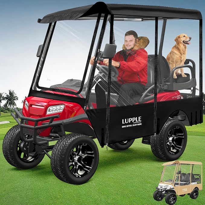 Golf Cart Enclosure 4 Passenger Extended Roof for EZGO/Club Car/Yamaha/ICON, Fits 2+2 Seater Model, 600D Waterproof Rain Cover with Clear PVC Windows and 4-Sided Roll-Up Zipper Doors