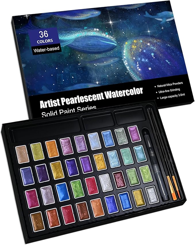Shimmer Watercolor Paint Set, 12 Colors Glitter Metallic Watercolour Painting by GlisDyck