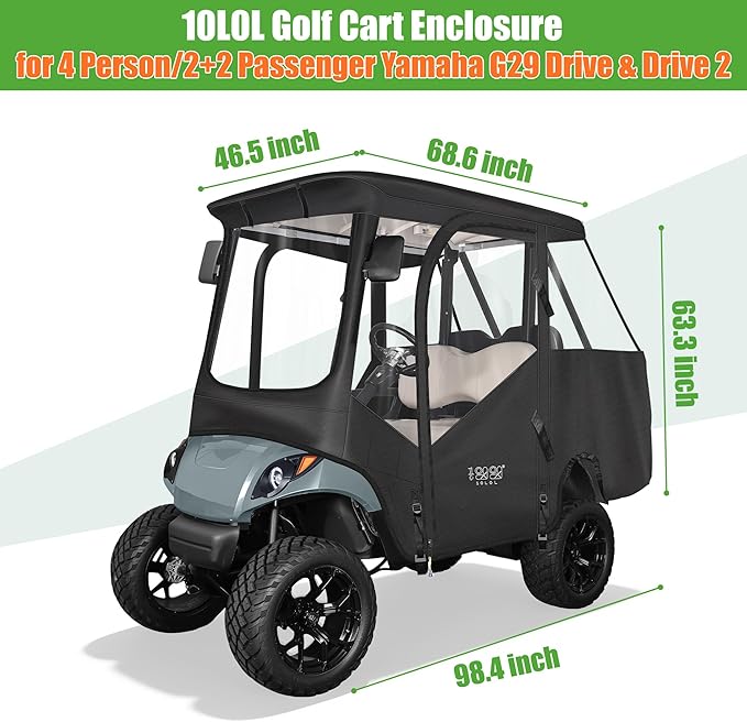 10L0L 4 Passenger Golf Cart Enclosure fit Yamaha G14 G16 G22 G29 Drive and Drive 2, 600D Heavy Duty 4 Person Yamaha Rain Cover with Clear PVC Windshield,Waterproof UV Block Oxford Cloth