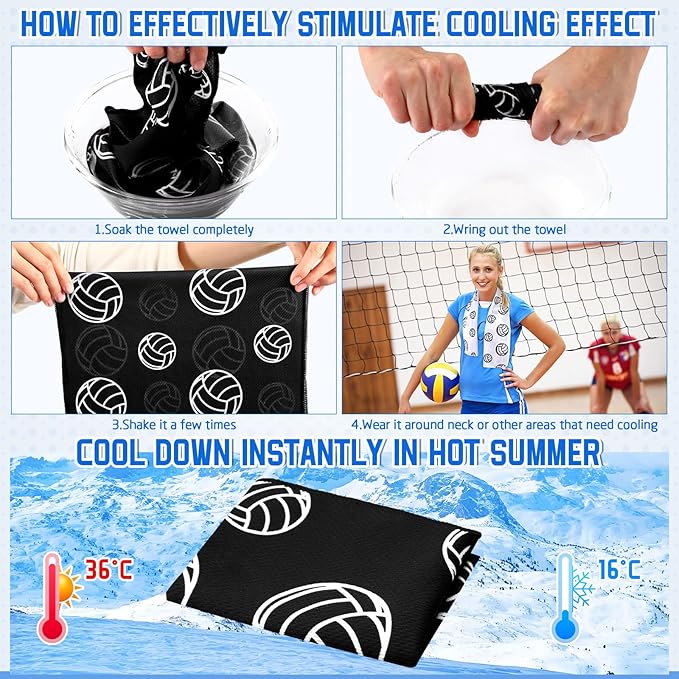 12 count Sports Cooling Towels Baseball Basketball Softball 40 x 12 Inch Breathable Soccer Football Volleyball Microfiber Ice Towel Fast Drying for Sport Party Favors Team Gift(Black,Volleyball)
