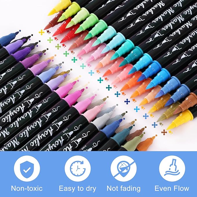 TOSAHRE Acrylic Paint Pens Markers 60 Colors Waterproof Dual Tip Acrylic - Image 5
