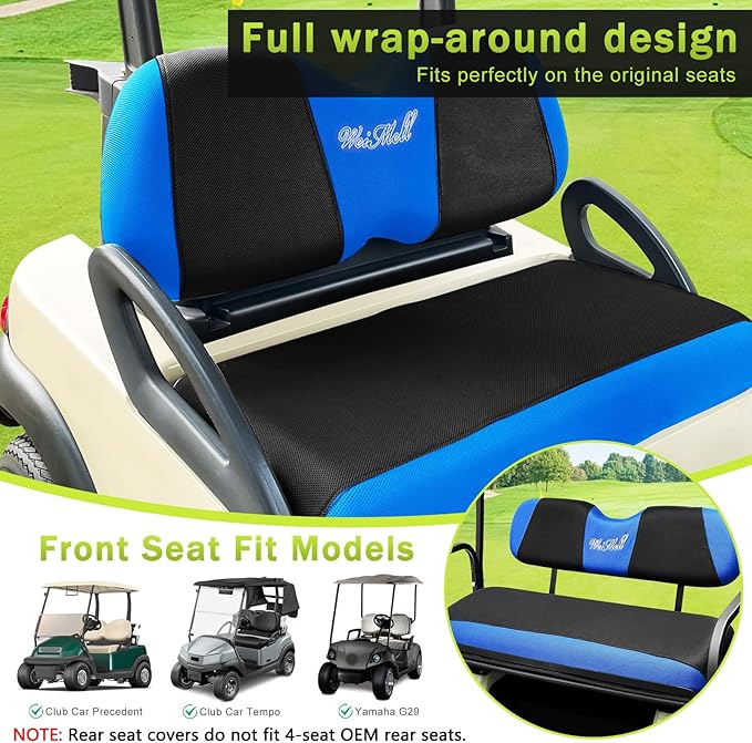 Golf Cart Seat Covers Front and Rear Set Fit for Club Car Precedent Club Car Tempo Yamaha G29 Front Seat Cushion and Aftermarket Universal Back Seat Cushion Covers Black&Blue