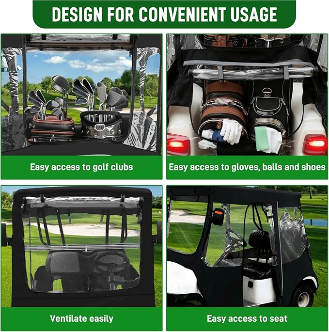 Golf Cart Deluxe Driving Enclosure 2 Passengers Fits EZGO TXT & RXV Golf Cart, Fits Short Roof 40.94" W and 59.05" L, Clear Window with Door Zippers 600D Heavy Duty Drivable Rain Covers