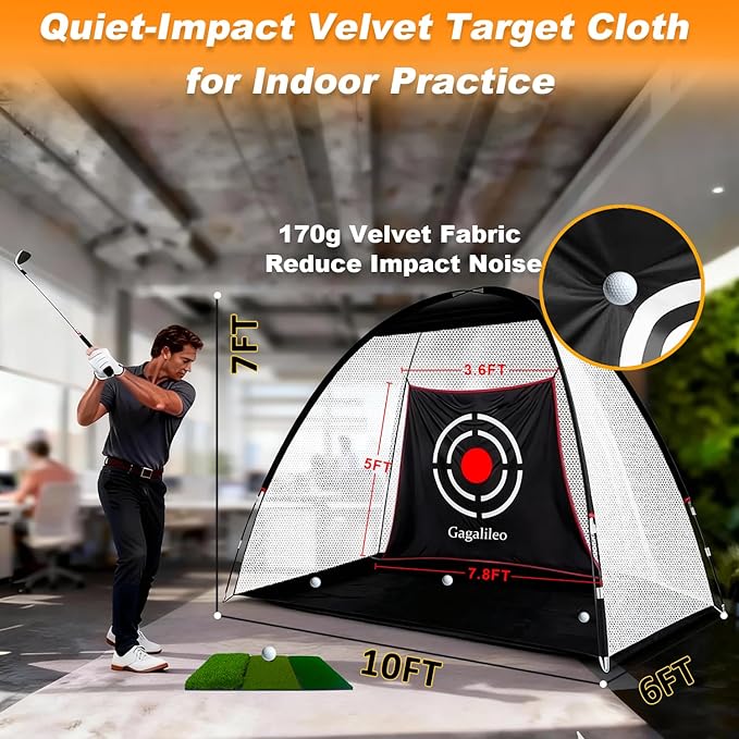 Gagalileo Golf Hitting Net Backyard Driving: 10x7FT Professional Backstop with Silent Velvet Target Portable Practice for Men Dad Complete Sport Set Gift