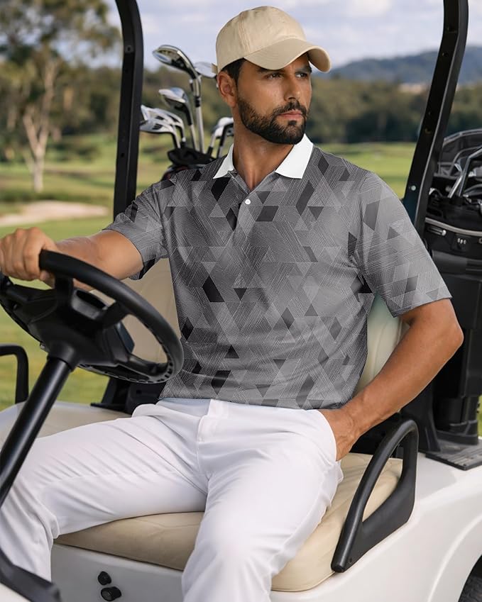 KUYIGO Mens Polo Shirt Quick Dry Moisture Wicking UPF 40+ Performance Printed Short Sleeve Summer Tennis Golf Shirt