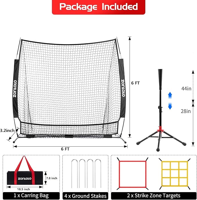 ZONLOLO 6x6ft Baseball & Softball Net for Hitting,Pitching and Batting, Throwing,Baseball net with Sturdy Bow Frame,Battting Tee,Strike Zone, Middle Size,Suitable for Kids!